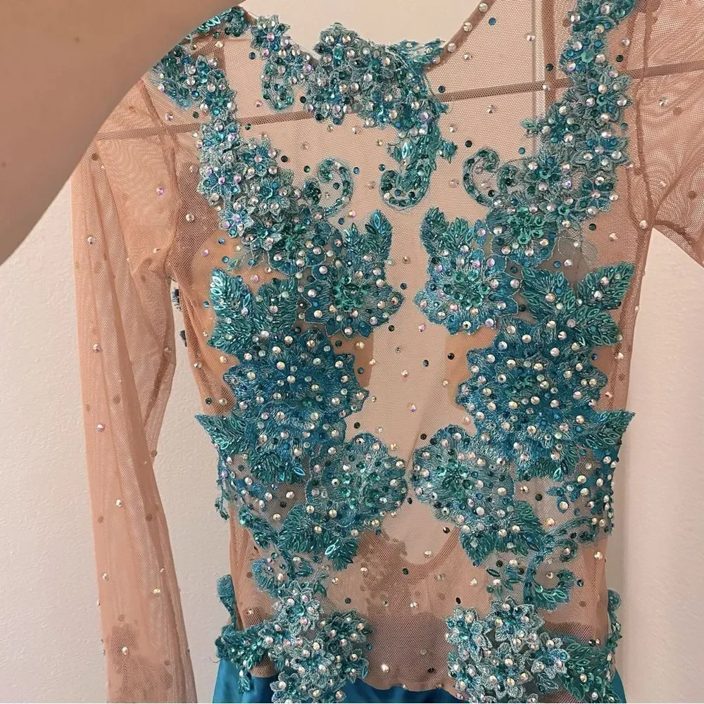 Custom Solo Dance Costume Teal Blue Lyrical Competition nude illusion SA adult